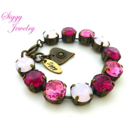 Large Stone Pink Crystal Tennis Bracelet in Antique Brass Finish, 11mm Crystals - Picture 5 of 6